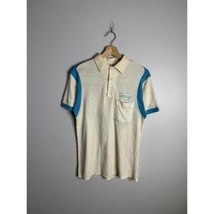 Vintage Alco-Steel Joliet Police Shirt Mens Medium Cream Blue Polo Graphic 70s